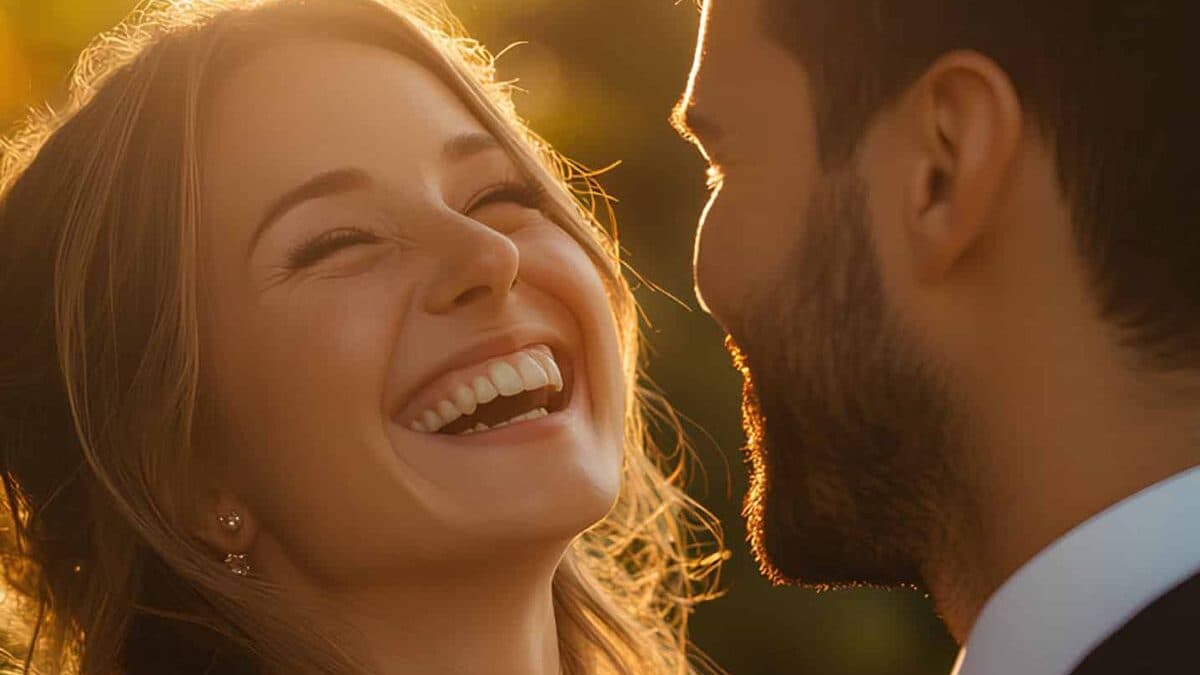 Jeunes mariés riant face à face au coucher du soleil le jour de leur mariage